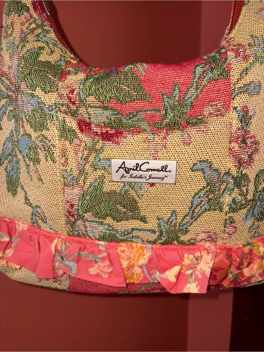 Vintage April Cornell Isabellas Journey floral tapestry bag with braided strap